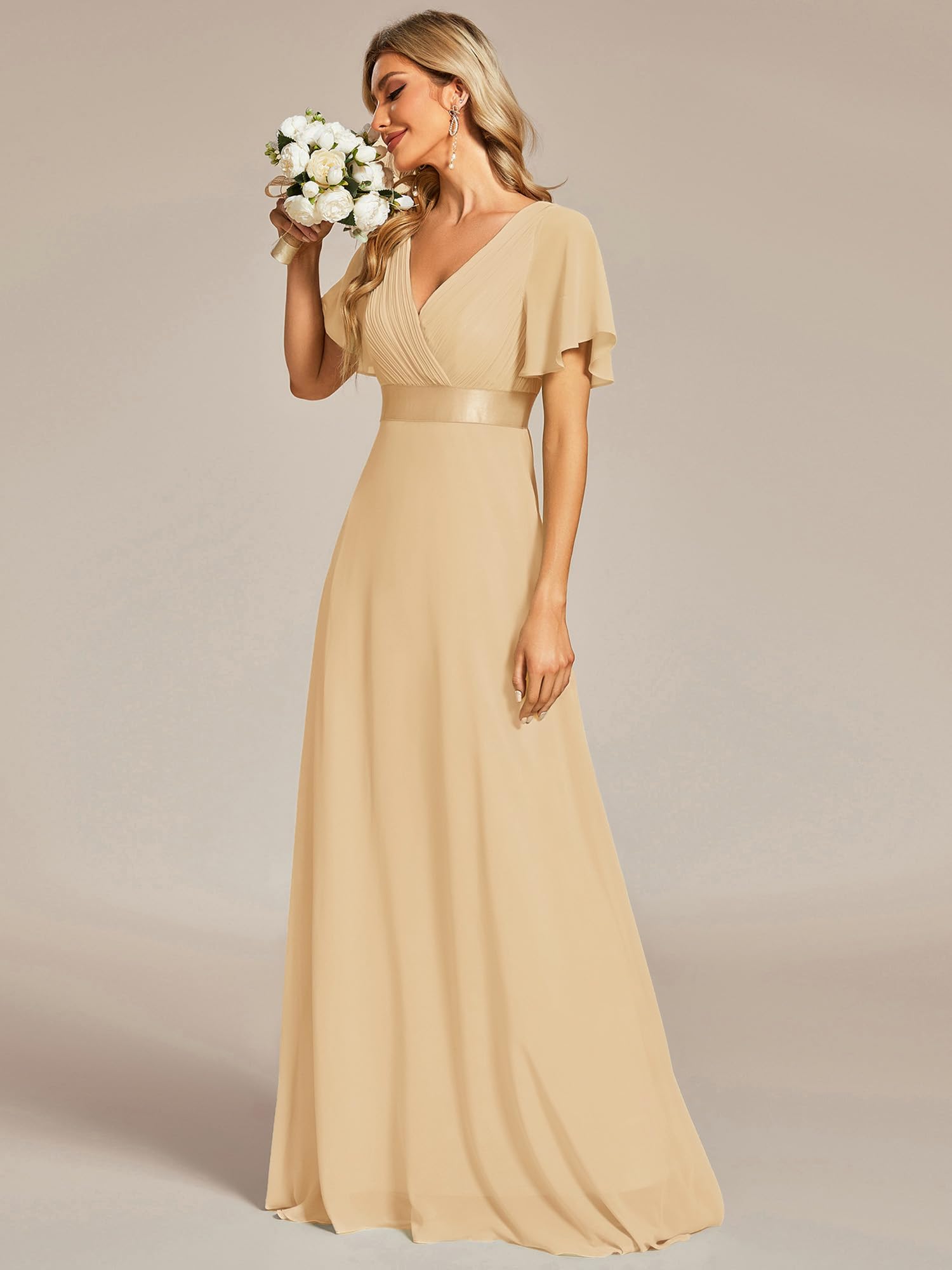 Ever-Pretty Robe de Soir e en Double V-col et Manches Courtes Champagne 34