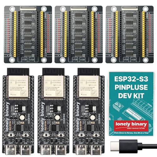 Image of Lonely Binary 3-Pack ESP32-S3 N16R8 PinPulse GPIO LED 16MB for Arduino IDE | 3 boards + 3 PinPulse shields; WROOM-1, 8MB PSRAM, 240MHz; WiFi + BT 5.0 LE; dual USB-C; per-GPIO LEDs, dual M /F headers