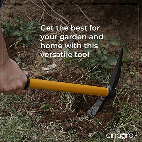 Image of Cinagro 16 inch Two-in-One Gardening Tool, Pick Axe & Hoe with Rubber Handle, Heavy-Duty Metal Gardening Tool (Black and Yellow)