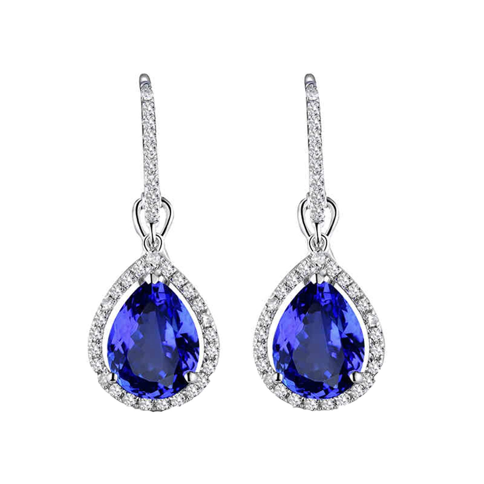 Epinki Weißgold 14K Ohrringe Silber Hängend, Anhänger Ohrstecker mit Tansanit 3.07ct Blau, Geschenk für Valentinstag, Weiß Gold Blau