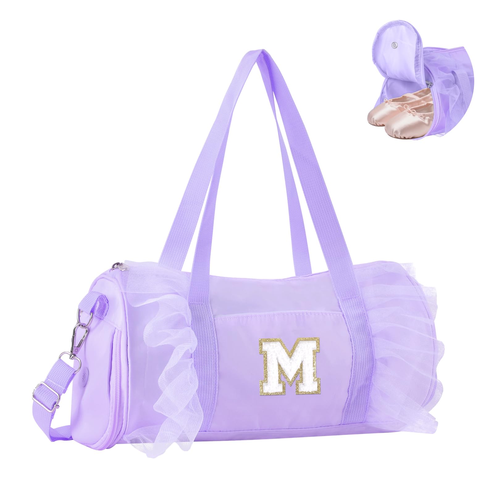 Personalized Initial Dance Bag for Girls 4-6, Small Lace Gym Sport Yoga Cheer Dance Bags Gift for Teen Girls, Cute Letter Kids Ballet Bag Toddler Travel Duffel Tote with Adjustable Straps(Purple-M)