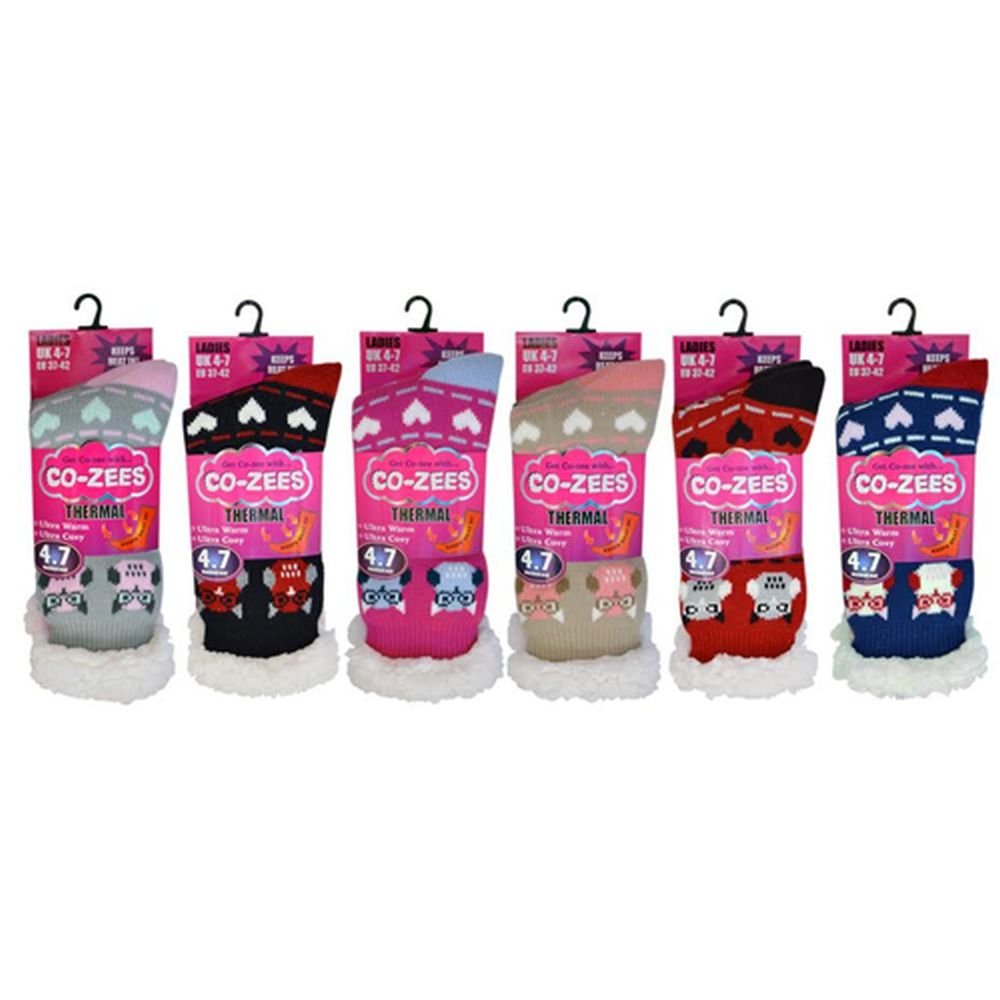 Co_Zees by AlerCo-Zees Womens Thermal Owl Pattern Slipper Socks Sherpa Bobble Fleece Lined (Blue)