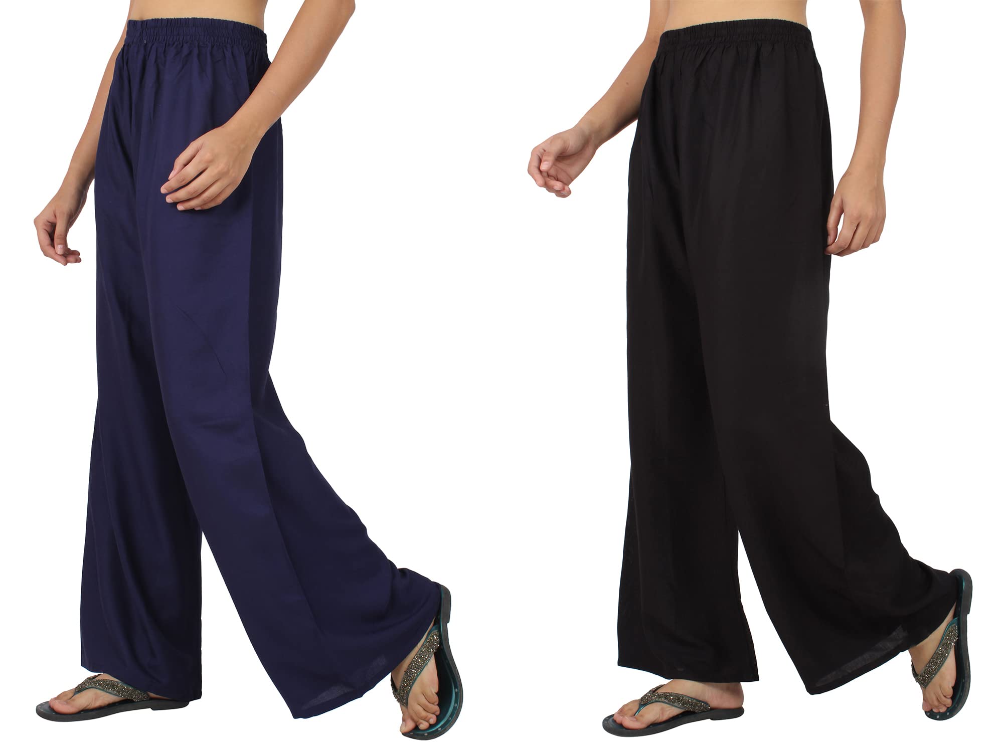 MAHANKAL Fashion Women Rayon Solid Navy Blue and Black Casual Wide Legged Loose Fit Flared Palazzo Pants Combo Navy Blue and Black (Palazzo_Pants-205-P)