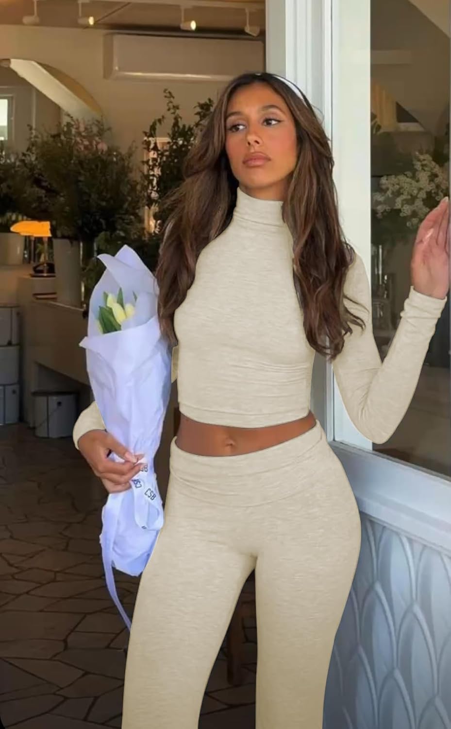 ZFLM Casual Workout Two Piece Outfits Long Sleeve High Waist Fold-Over Flared Leggings Pants Tracksuit Sets Streetwear - Image 2