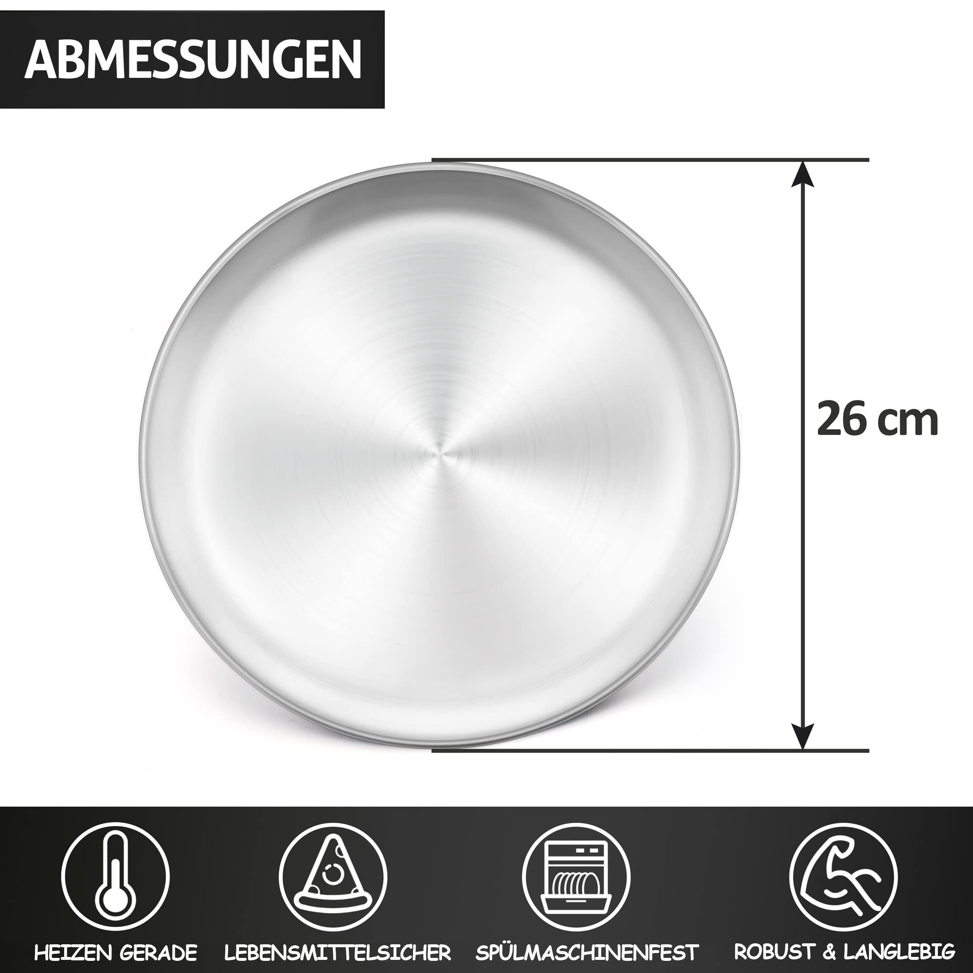 Herogo Set di 4 teglie per pizza, 26 cm, rotonde, in acciaio inox, per forno, cuocere, servire, arrostire, non tossiche e sane, durevoli e lavabili in lavastoviglie (metallo argento)