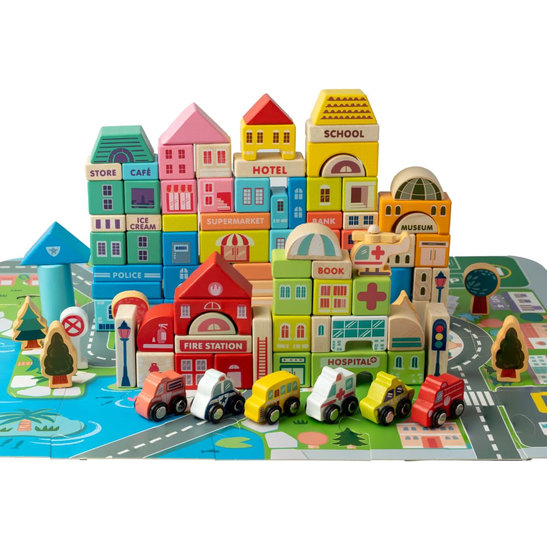 Nesta Toys 115 Pieces Wooden Stacking Blocks for Kids 4 Years + | Building Toys for Creative Play for 3-6 Year Old Kids | Encourages Thinking & City-Building Blocks