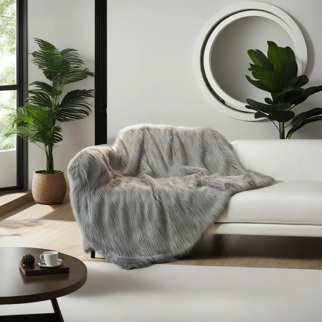 Inchgrass Fuchs-Kunstfelldecke – Flauschige Überwurfdecke 188x? Cm, Grau, Waschbar, Super Warm Für Couch & Bett
