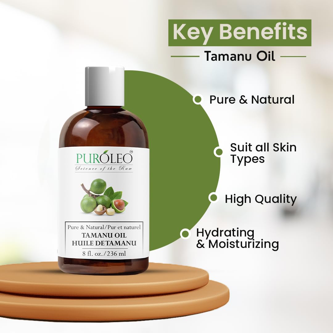 PUROLEO Tamanu Oil 8 Fl Oz/236 ML (Packed in Canada) 100% Pure Certified | Natural Cold Pressed Unrefined Oil for Hair & Face Premium Packaging with Eye Dropper tamanu Oil for face Skin Virgin
