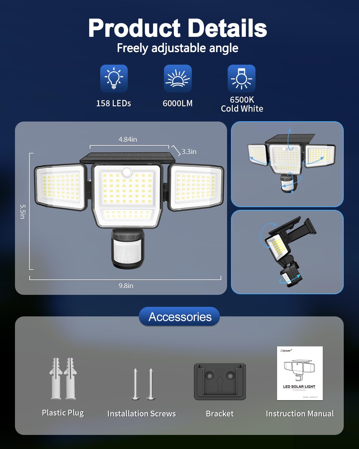 6000LM Solar Lights Outdoor, 4 Heads Motion Sensor Outdoor Lights, Solar Flood Lights for Yard House Outside Garage, IP65 Waterproof, 3 Modes, Easy Install, 2 Pack - 3