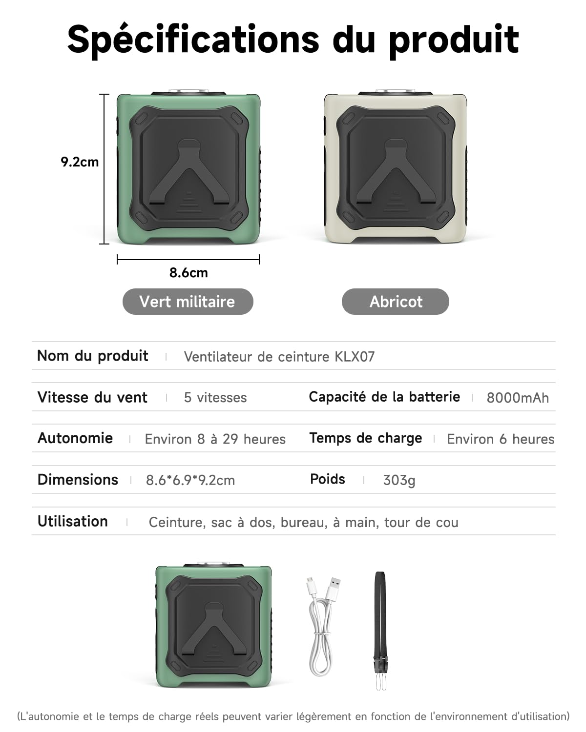 2026 Ventilateur de taille portable rafraîchissant,29H batterie rechargeable 8000mAh USB-C,5 vitesses 13000 tr/min,avec éclairage LED et SOS pour chantier,camping,randonnée,travail,abricot