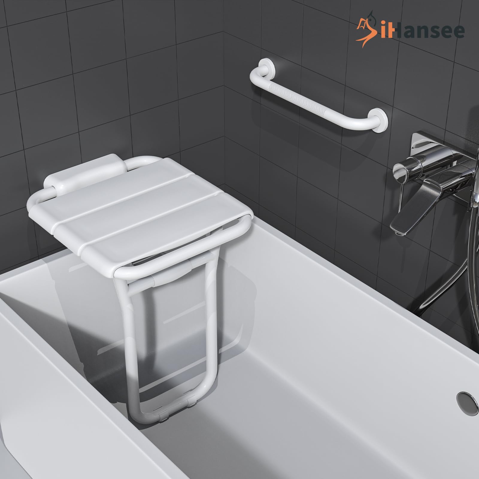 Asiento de ducha plegable montado en la pared de 14 x 16 pulgadas con barra de agarre de 14 pulgadas, banco de ducha estrecho de acero inoxidable para ancianos y discapacitados, silla de ducha