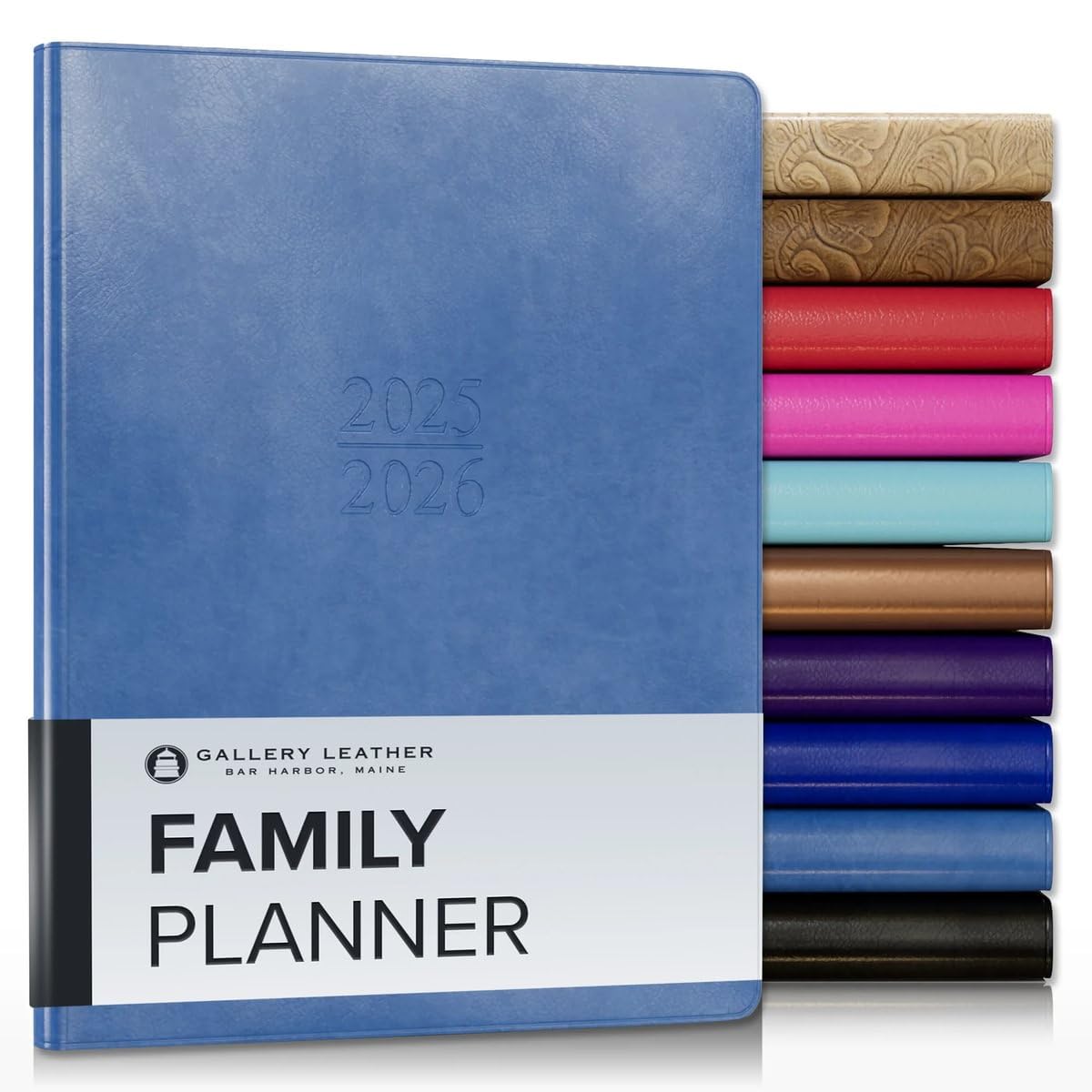 Gallery Leather Family Planner 2025-2026, for moms, Elegantly Bound Calendar Planner and Notebook with Stylish White Page Edges, 18 Months - Acadia