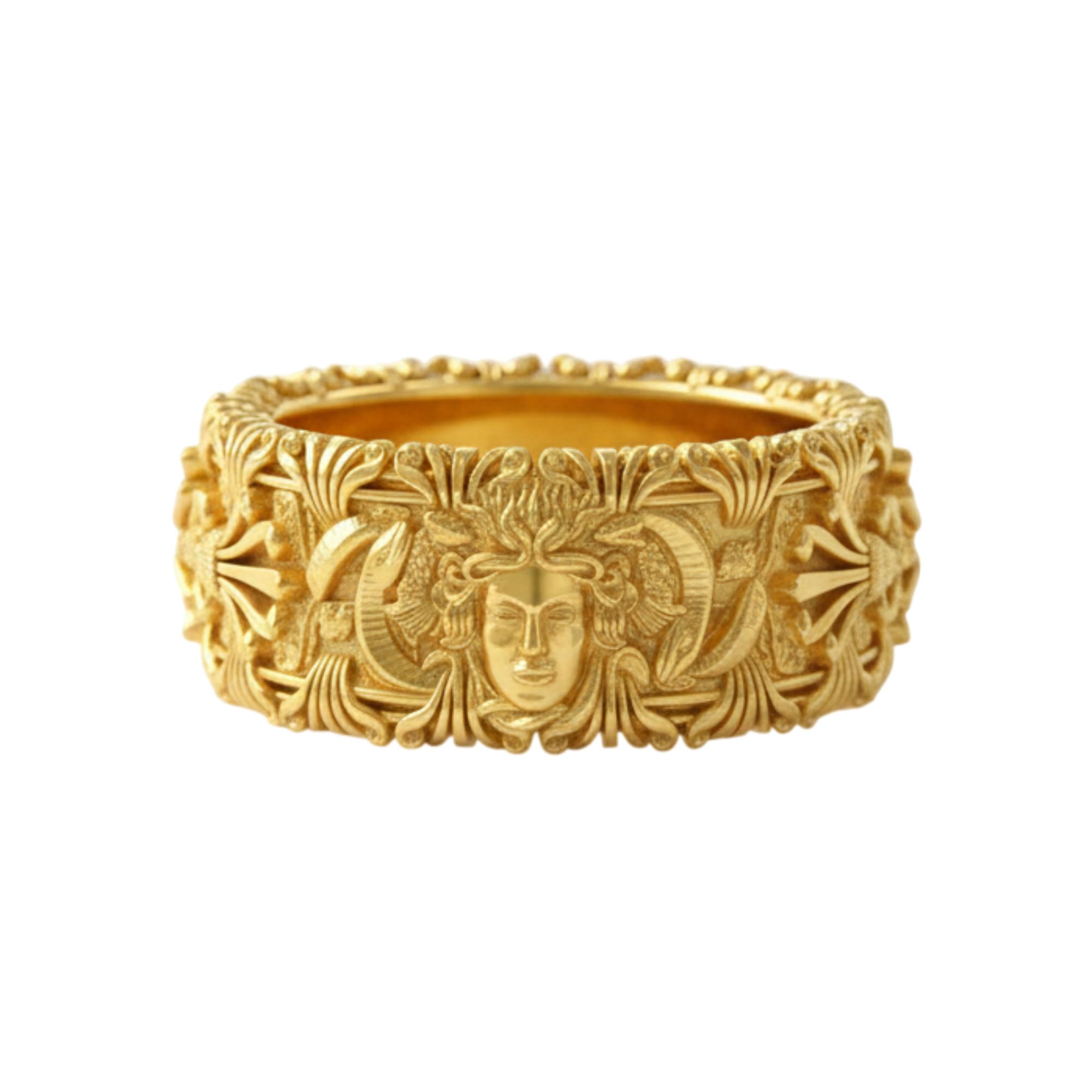 14K Gold Vermeil 925 Sterling Silver Medusa Ring - Greek Mythology Gorgon Head Band - Antique Style Snake Design Statement Jewelry for Men Women