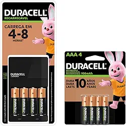 Carregador de Pilhas Recarregáveis AA e AAA DURACELL com 4 pilhas AA e 4 pilhas AAA