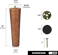Vista 3 de Ilyapa Pies de madera para muebles, juego de 4 patas de repuesto cónicas marrones de 8 pulgadas para muebles, sofás, sillas, sofás biplazas