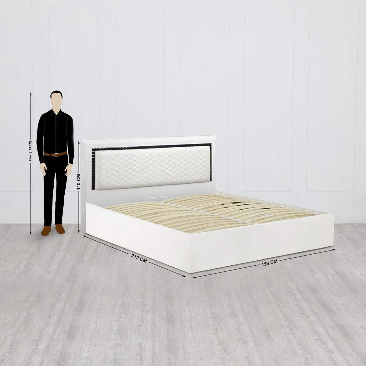 Diagram showing the dimensions of the Home Centre Helen Queen-Size Bed with a human figure for scale