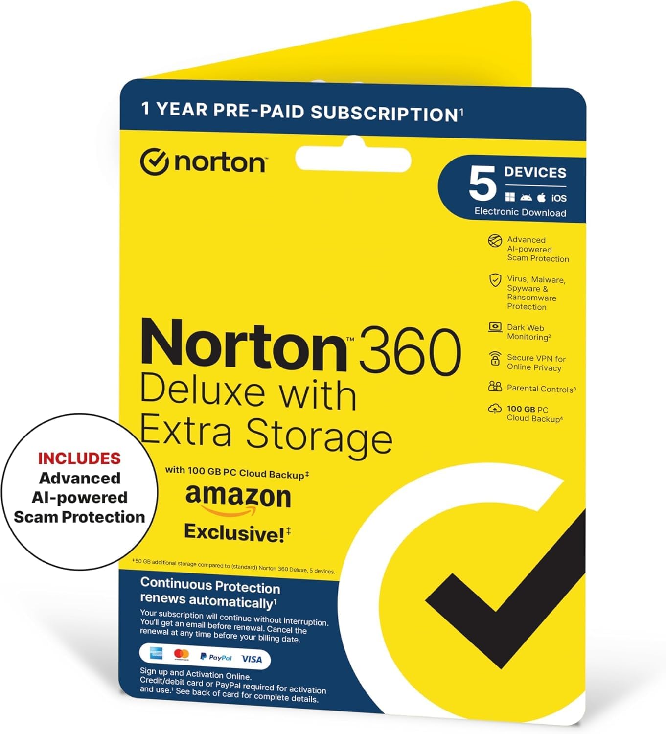 NORTON 360 DELUXE PLUS 100GB IN 1 USER 5 DEVICE 12MO AMAZON ENR DVDSLV