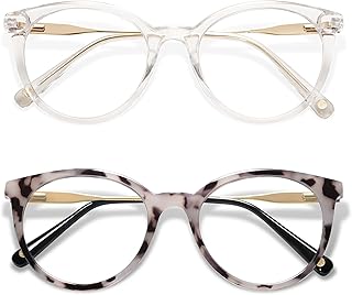 AMOMOMA Retro Round Reading Glasses for Women Cute Stylish Blue Light Blocking Readers AM6055, Clear/Gold&Grey Tortoise/Gold 1.00x