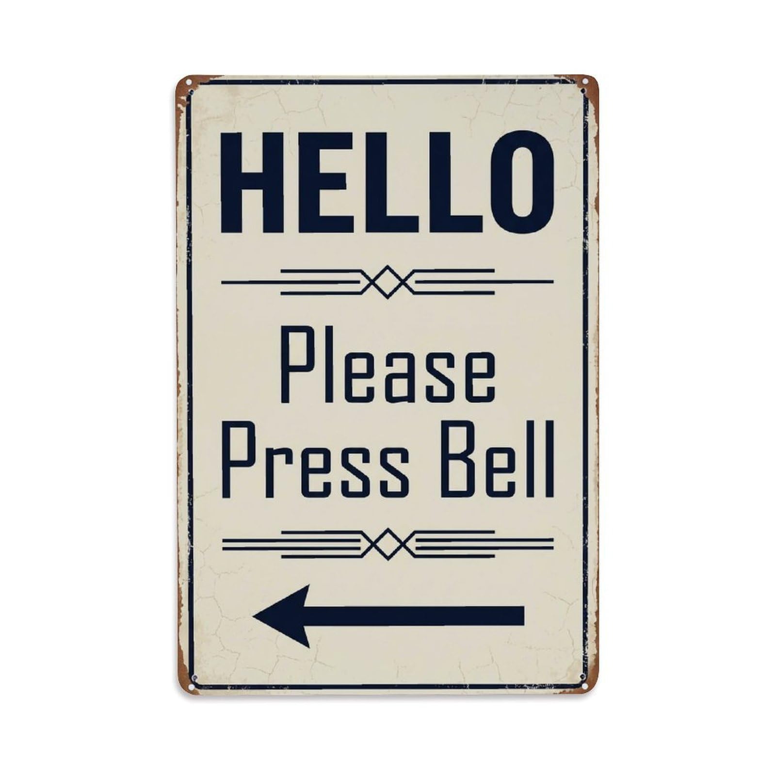 Metal Tin Sign Vintage Hello Please Press Bell Arrow Geometric