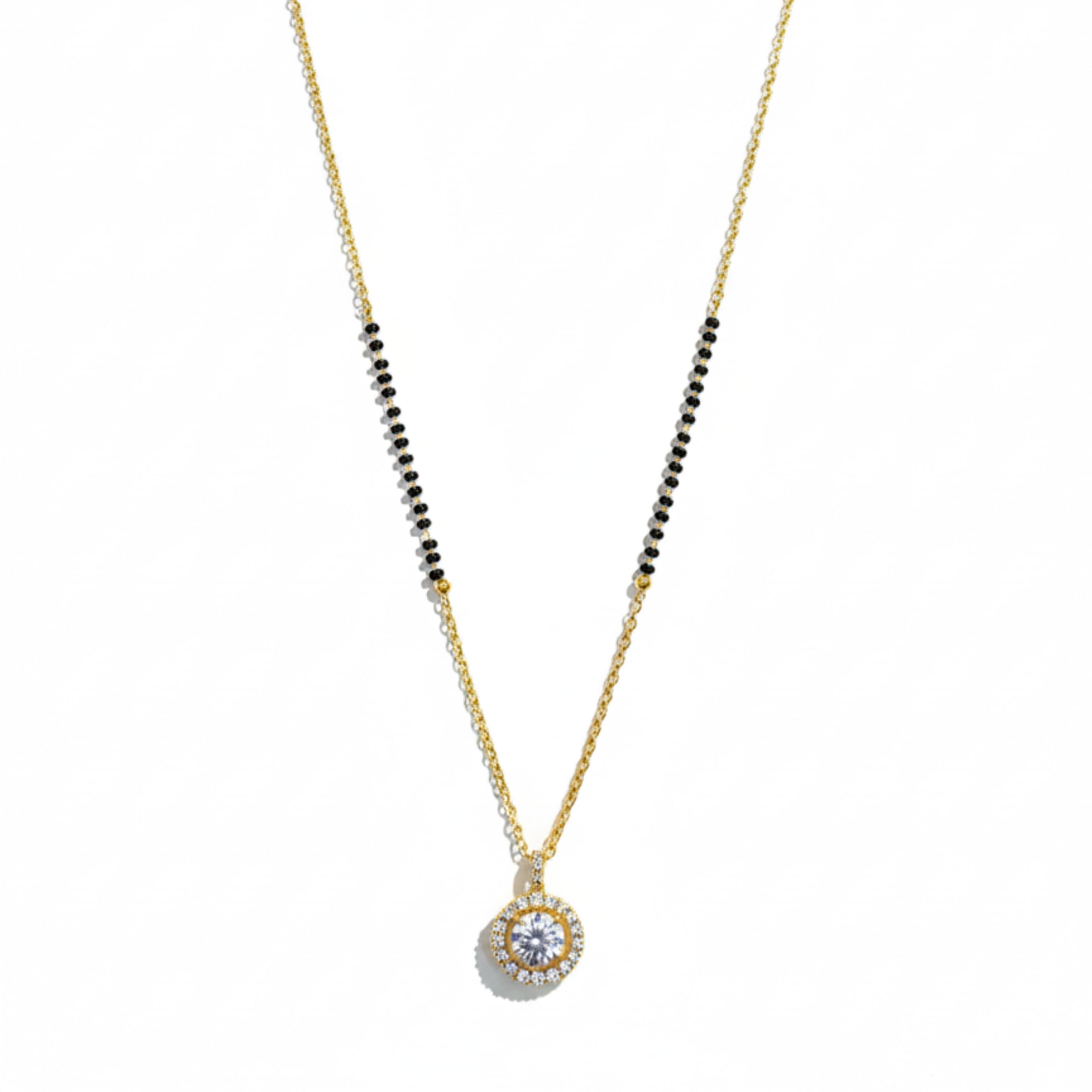 mangalsutra for women stylish | modern black beads gold finish chain with solitaire round pendant | lightweight mangalsutra