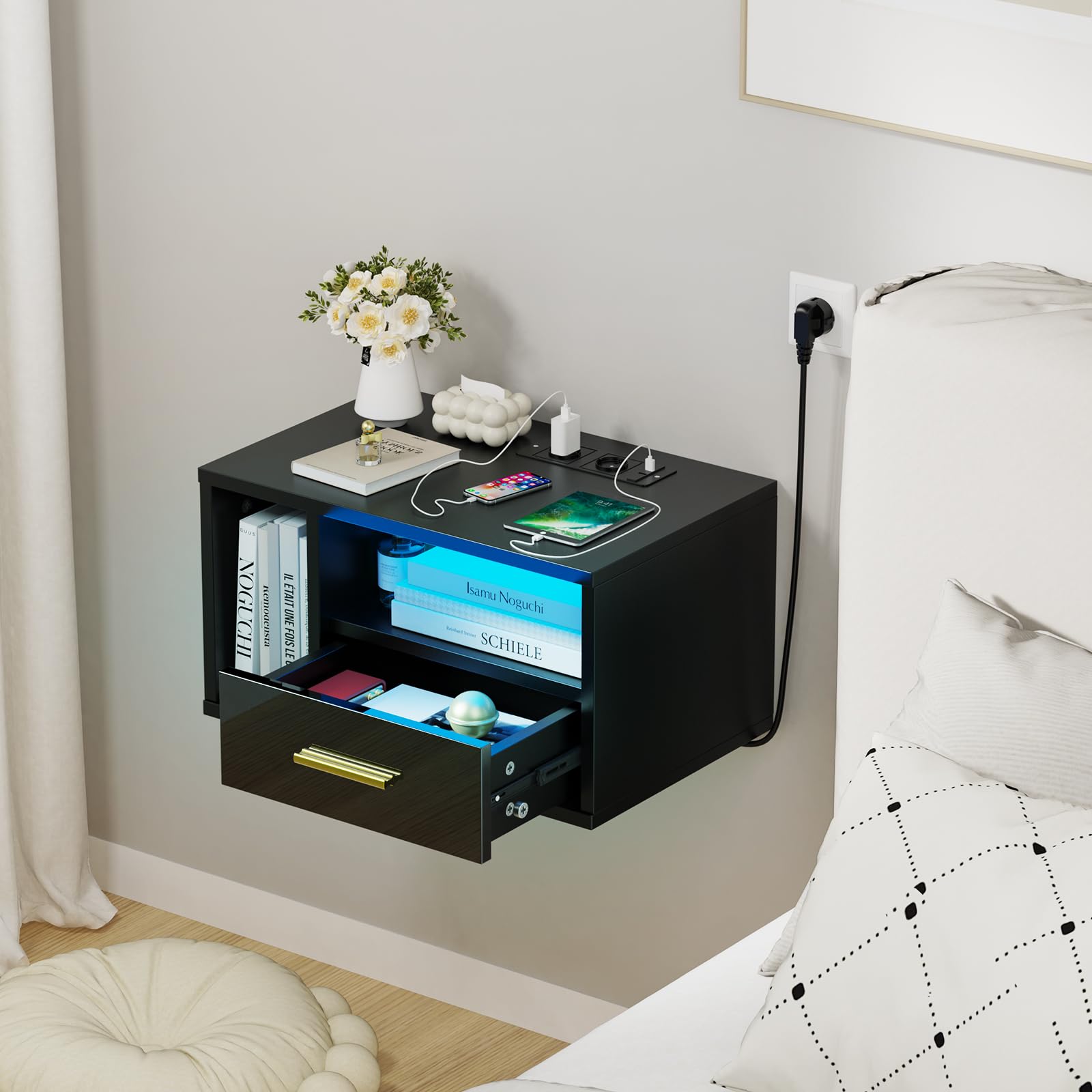Nachttisch Hängend mit led, Nachttisch mit Ladestation, Nachtschrank Schwarz, Offenes Fach Und Einer Schublade, 46.5x30x25.5cm, 16 Farben LED, Modern, Wohnzimmer Schlafzimmer