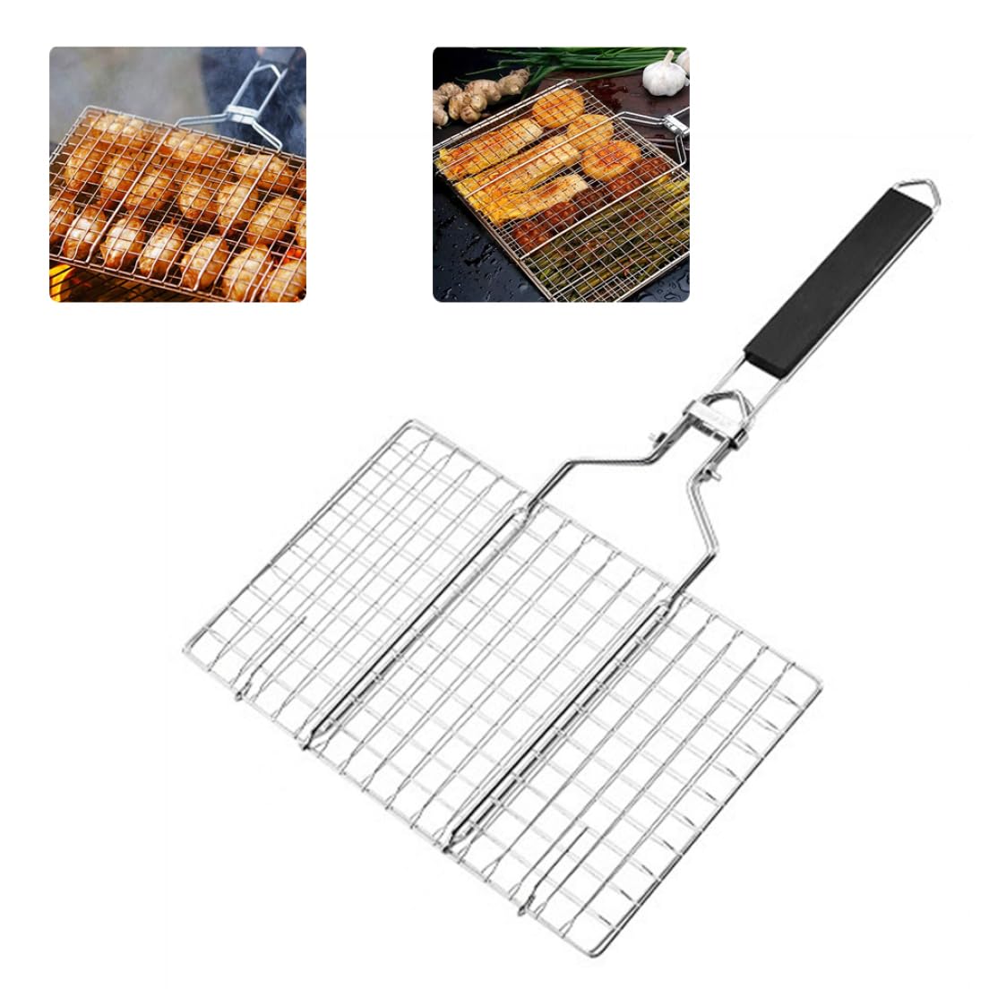 Cesta para Barbacoa Desmontable Y Plegable con Pinza de Malla para Carne Y Pescado con Mango de Madera, Cesta para Pescado Deo Inoxidable