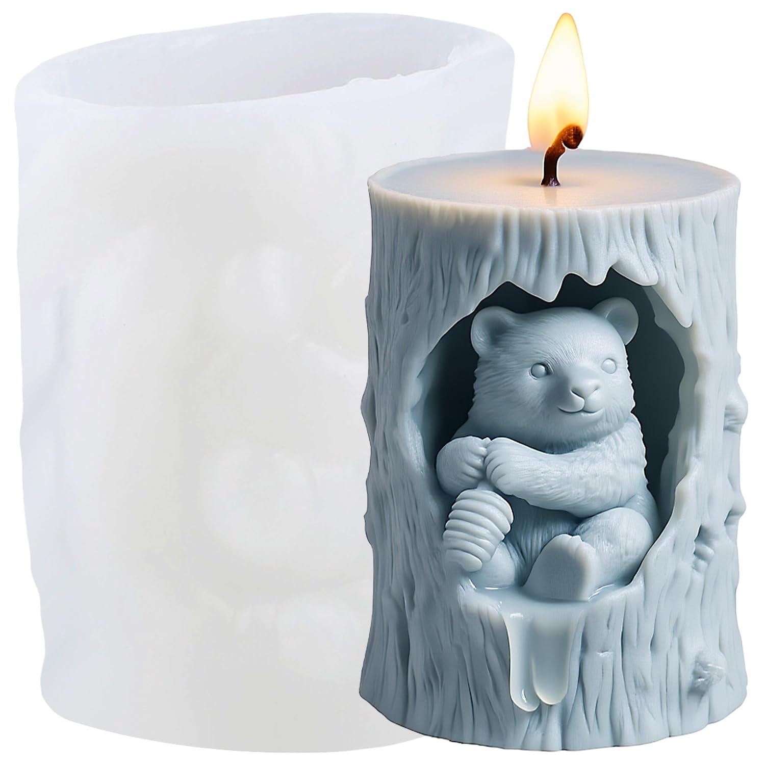 XIAOSHUI Tree Bear Honey Cylinder Candle Mould Animal Bear Resin Casting Silicone Moulds for Candles Making Aromatherapy Candles Wax Polymer Clay Home Decoration