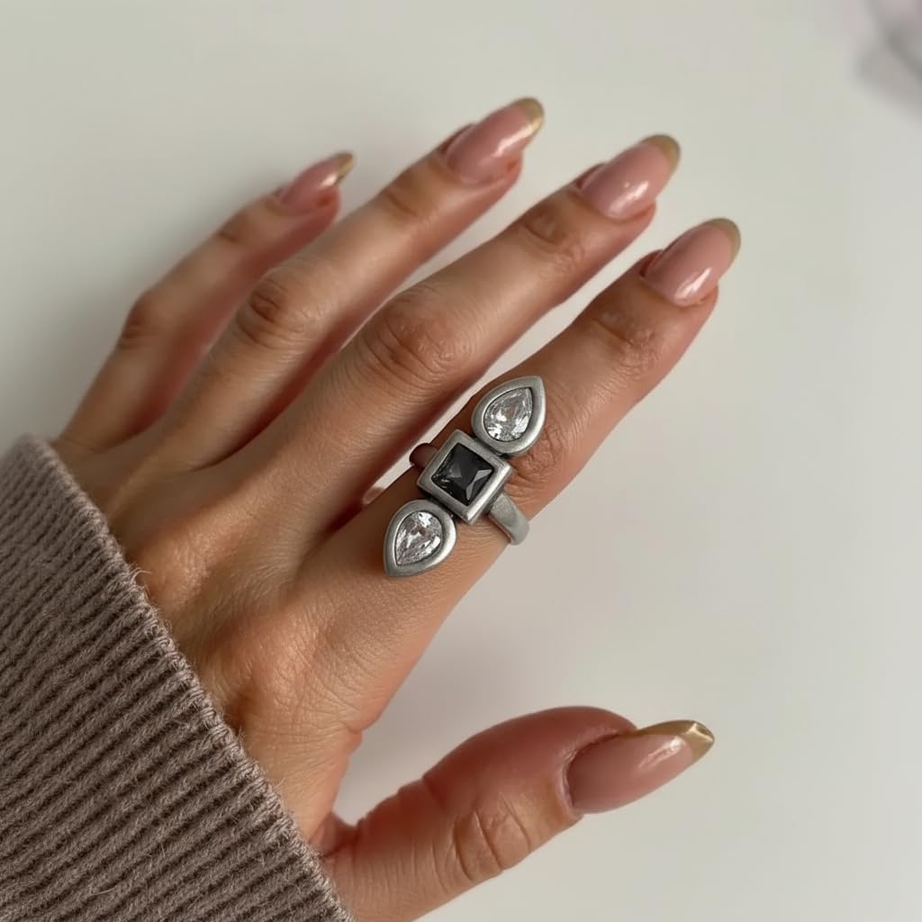 Handcrafted Bohemian Statement Ring for Women, Antique Silver Plated for Vintage Look, Adjustable Pewter Ring with Black & Clear Crystals, Hypoallergenic