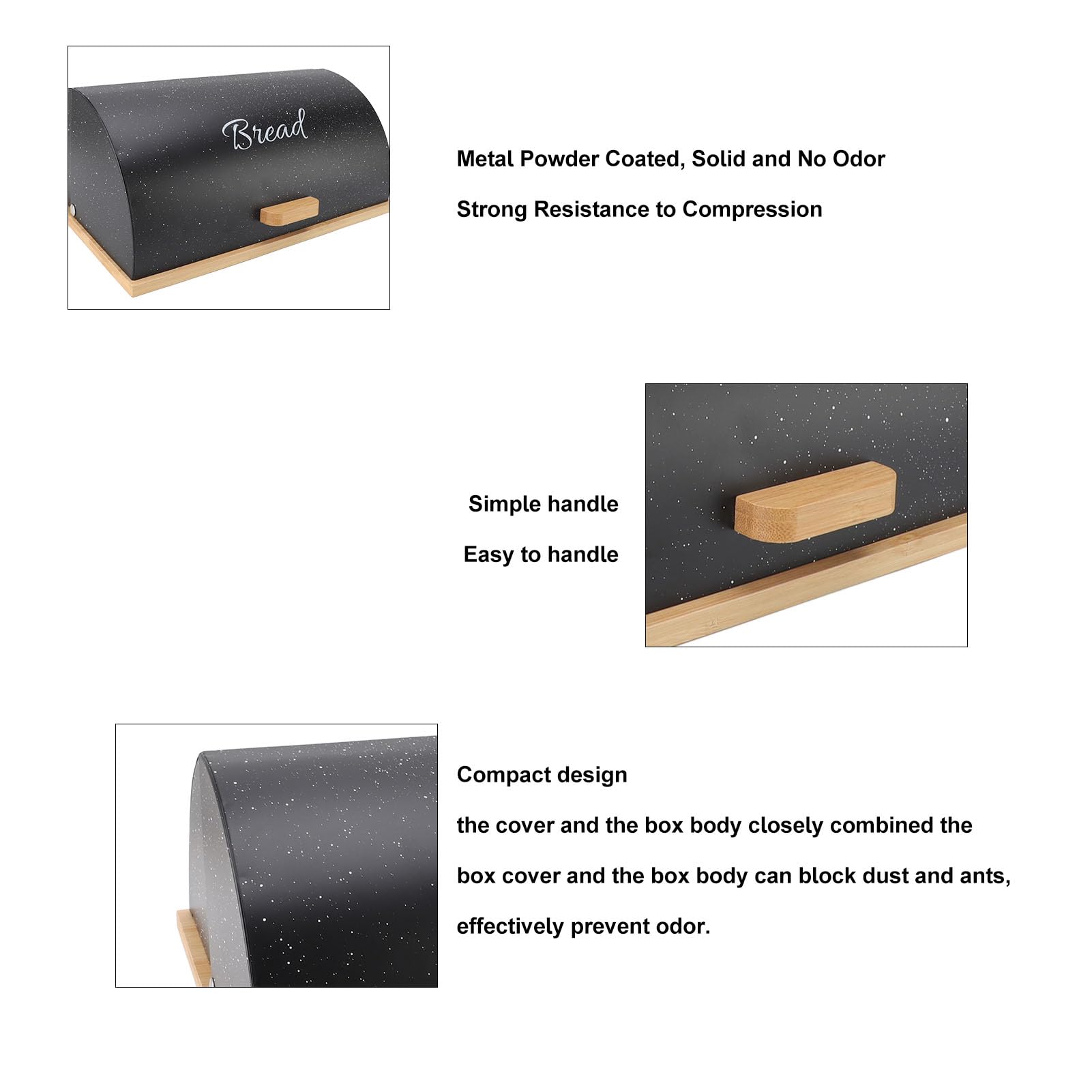 Caja de Pan en Forma de Tambor, Contenedor de Almacenamiento de Pan de Metal y Madera con 3 Tarros de Almacenamiento para Encimera de Cocina (Negra)