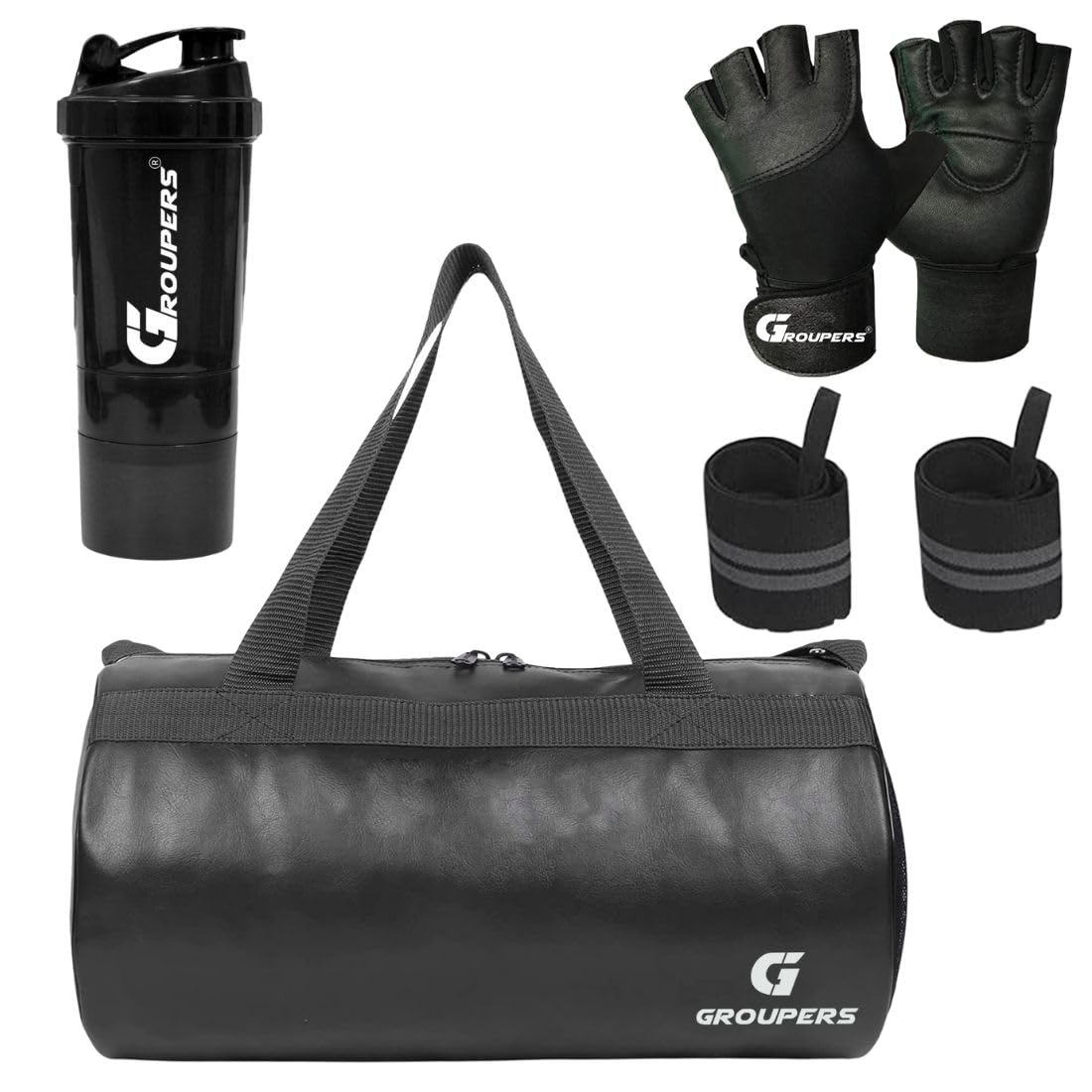 Combo Set of Duffle PU Leather Bag with Shaker Bottle-500ml, Gloves & Wrist Bag (Black)-image-9