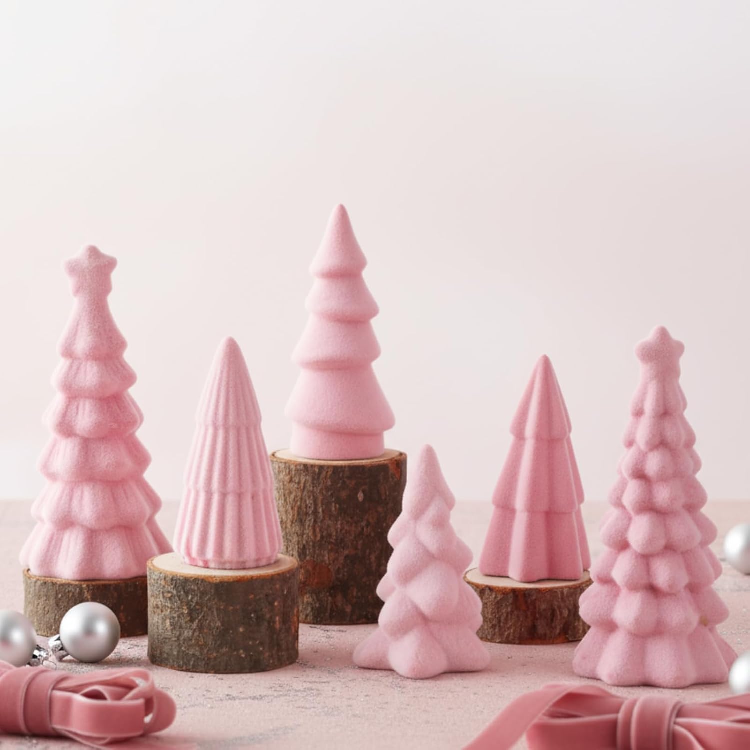 Bucherry 6 Pcs Christmas Ceramics Velvet Trees Set Christmas Table Decorations 3 Sizes Velvet Xmas Tree for Winter Holiday Table Centerpiece Decorations Mantel Decor Xmas Gifts(Pink)