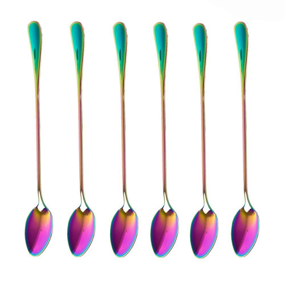 CTRLZS Coffee Teaspoons, Set of 6 Rainbow Color Coffee Spoon Long-Handle Ice Cream Desert Spoon Cocktail Stir Spoons Mixing Spoon, Pointed Head