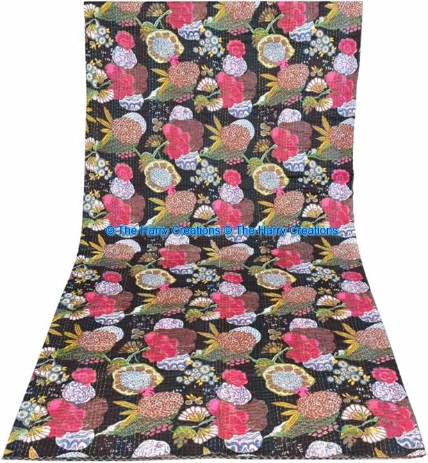 100% Cotton Gudri Fruit Pattern Pure Print Decorative Fruit Kantha Stitch Style Bedspread Quilt Reversible Indian Kantha Floral Quilt (Black, California King 108"x108" With Sham Covers)