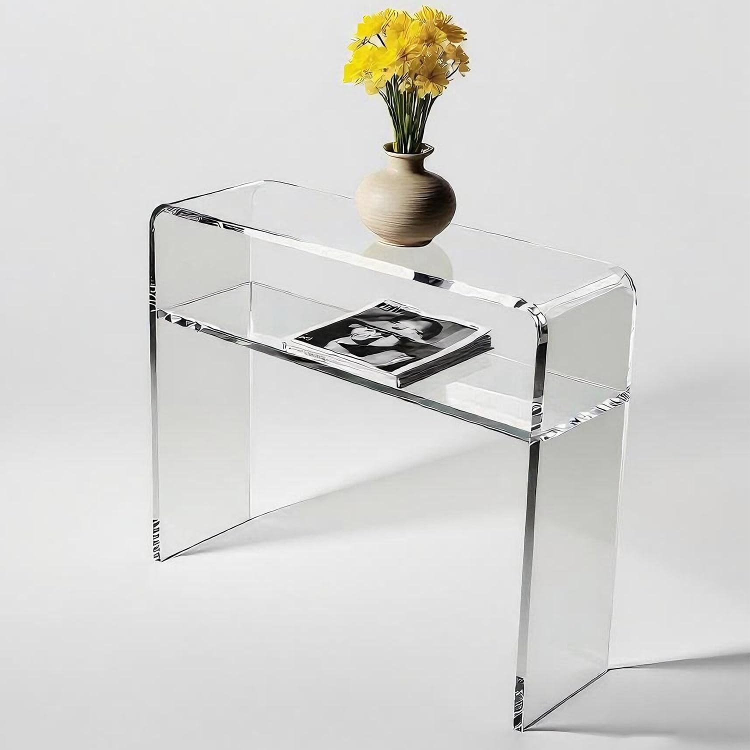Photo 1 of Clear Acrylic Console Table,34" L x 10" W x 28" H, U-Shape Modern Transparent Entryway Table, 110 LBS Weight Capacity, No Assembly Required - for Foyer, Living Room, Sofa Side (2 Tier- Top)