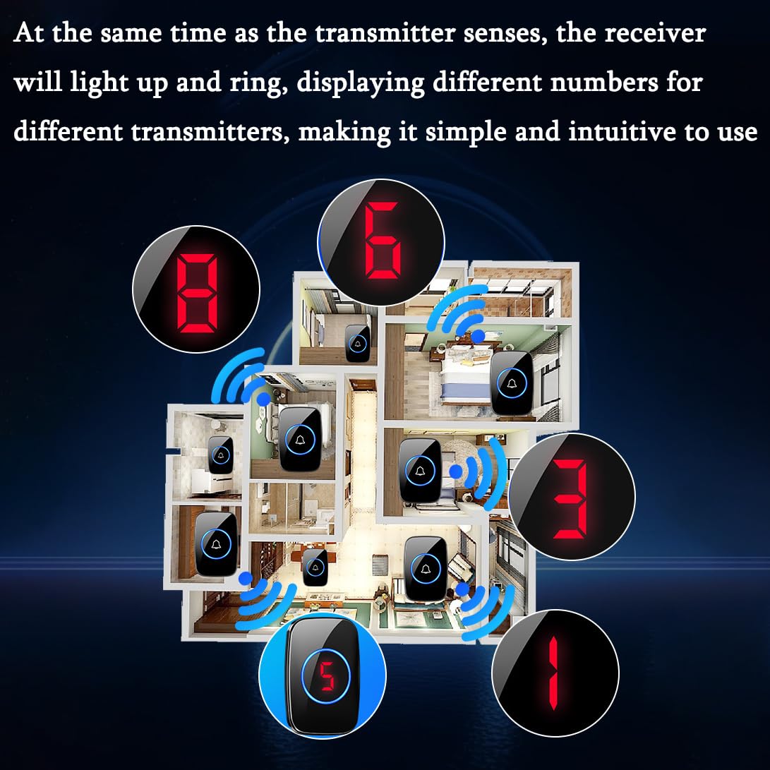 Timbre Inalámbrico 3 Lanzadores IP66 Impermeable 300M Timbre Inalámbrico Exterior, Pantalla Digital LED, 5 Niveles De Volumen Y 60 Melodías para Hogar, Negro,9 in 1