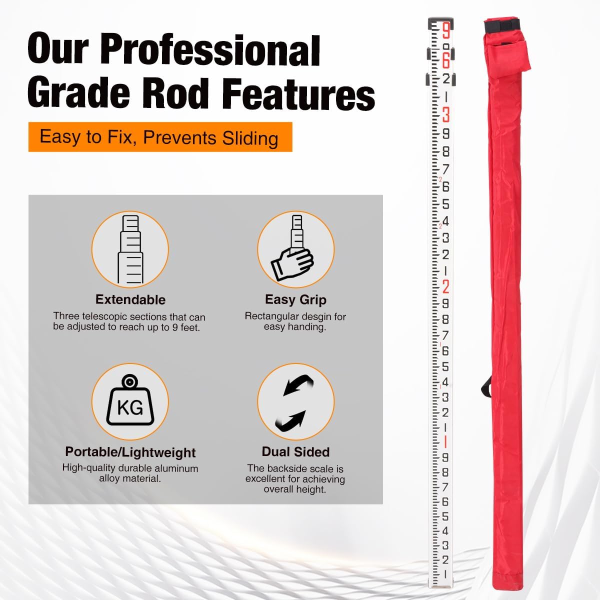 9-Foot Aluminum Grade Rod, 10ths, 3 Sections Telescopic Leveling Rod Bubble Level, Dual Side Measuring Rod with Carrying Bag for Houses, Walls, Floors and Leveling Applications