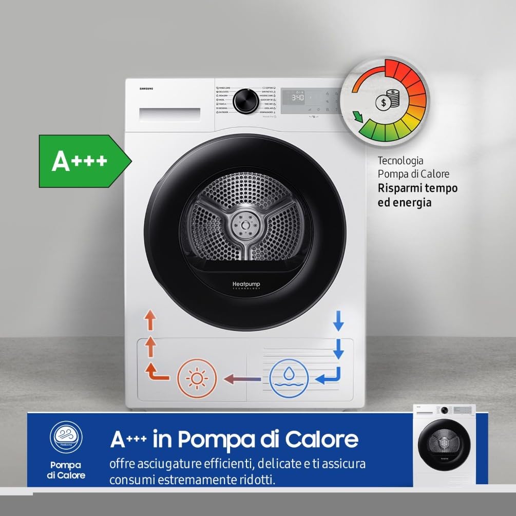 Samsung Asciugatrice Crystal EcoDry DV90CGC2A0AH/ET, 9 kg, Pompa di Calore, Wifi, Sensore Optimal Dry, Filtro 2 in 1, Carica Frontale, 60L x 85H x 62P cm