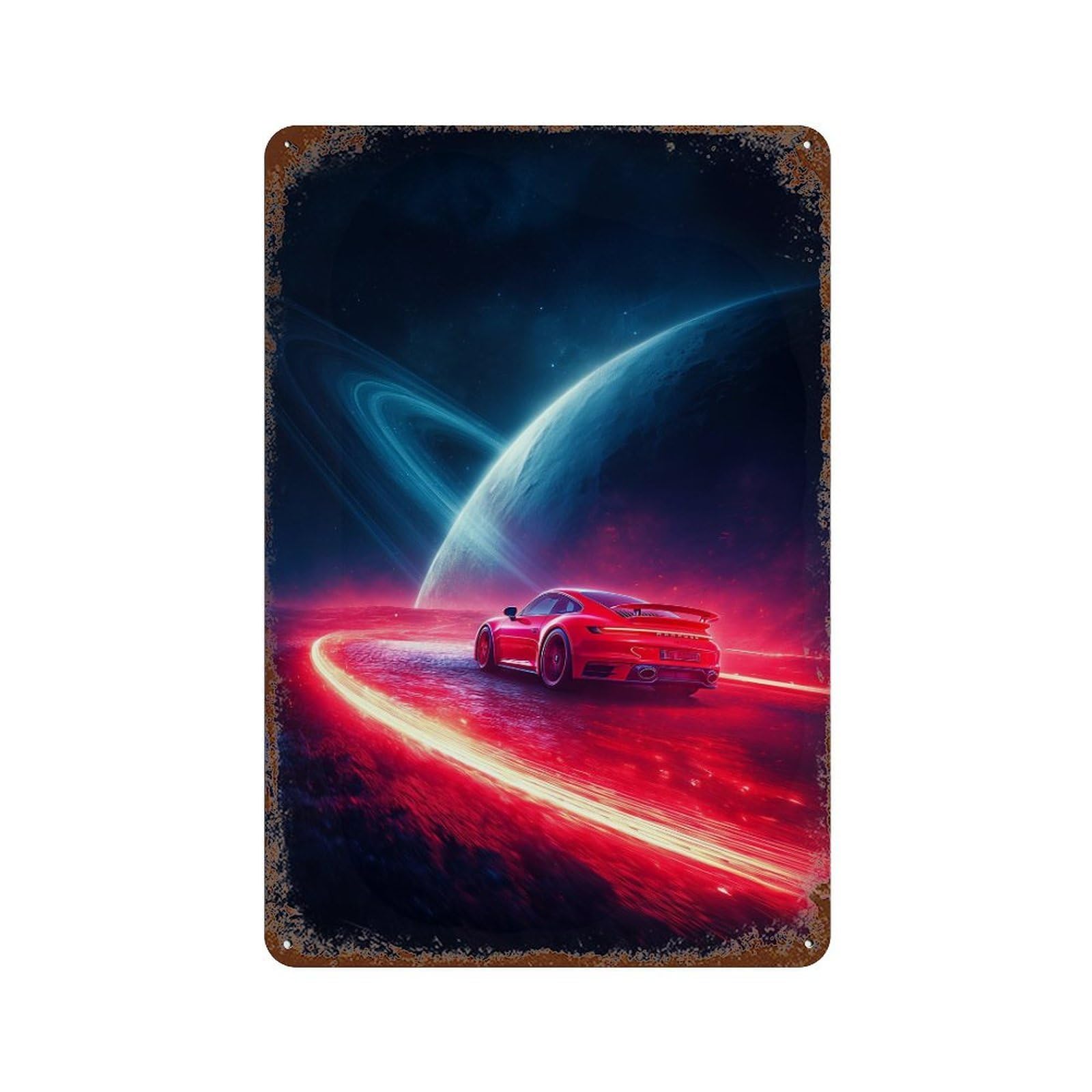 Rust Effect Galactic Speed Red Sports Car in Space Rustic Tin Plaque 11.8"x7.9", Shabby Chic Decor for Basement, Hobby Room And Garage Decor