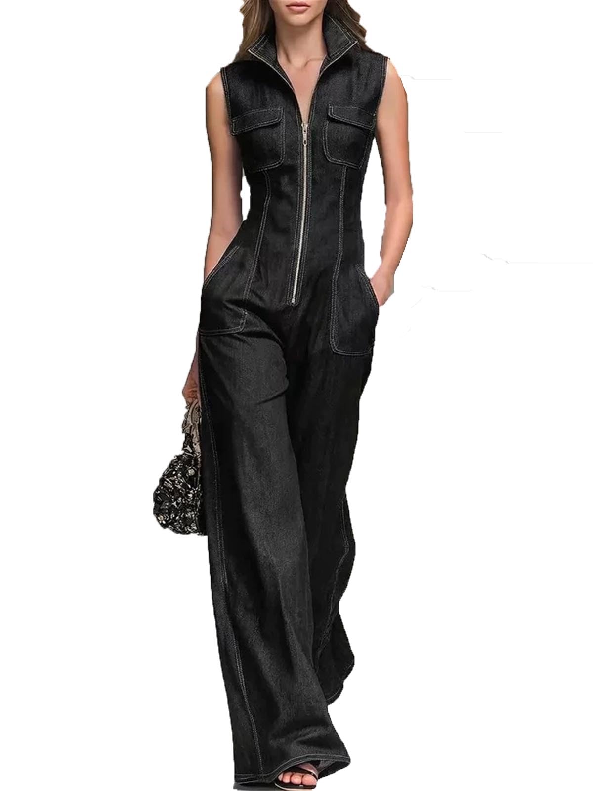 Damen Jumpsuit Damen Denim Jumpsuit mit Stehkragen, weiter Bein-Romper, Reißverschluss vorne, Einteiler-Outfit