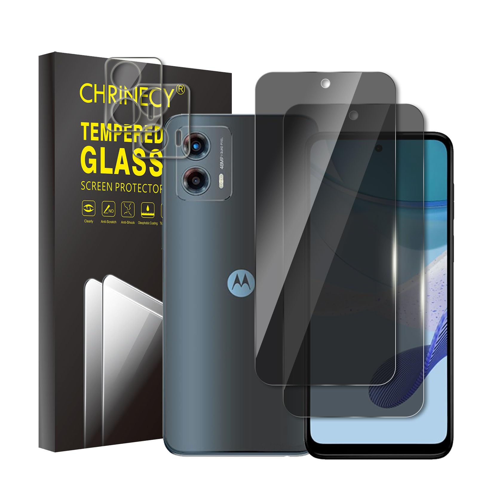 CHRINECY [4 Pack] 2 Pack Privacy Screen Protector for Motorola Moto G 5G 2023 with 2 Pack Camera Lens Protector, 9H Hardness Tempered Glass Screen Protector, Anti Spy Anti Peeping