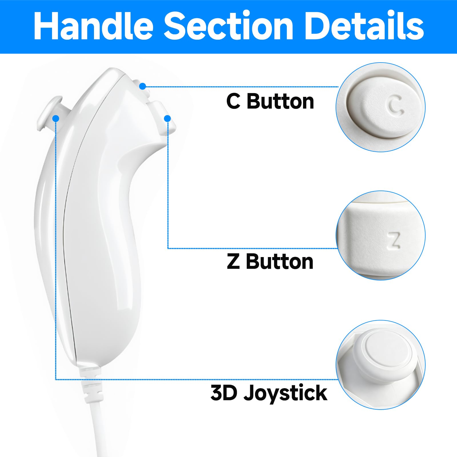 Vexnaro 2 Pack Controlador Nunchuk, Compatible con Wii y Wii U, Mando Nunchuk de Repuesto para Gamepad y Consola de Videojuegos, Controlador con Diseño Ergonómico para Juegos