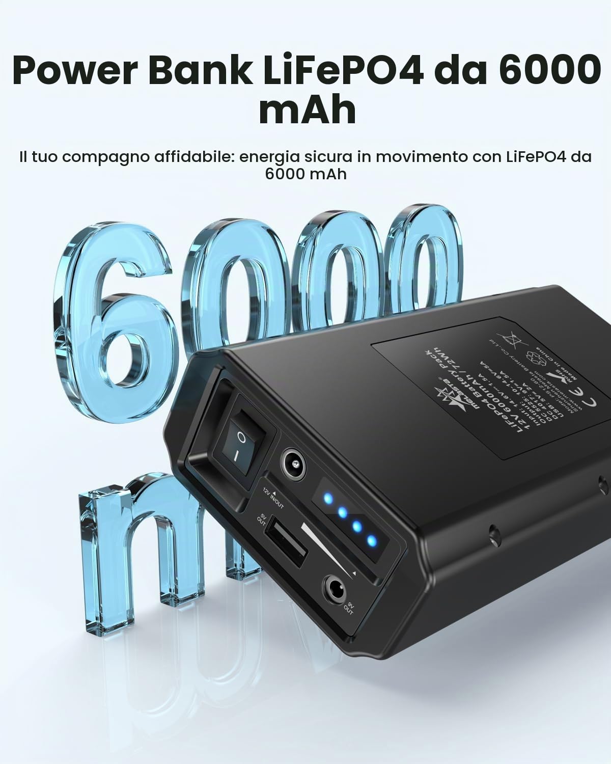 melasta 5V 9V 12V 6000mAh Power Bank con Caricabatterie, LiFePO4 Powerbank Portatile con LED Display 3 Uscita e 1 Ingresso Compatibile con Smartphone, Striscia LED, Telecamera di Sorveglianza, Huawei