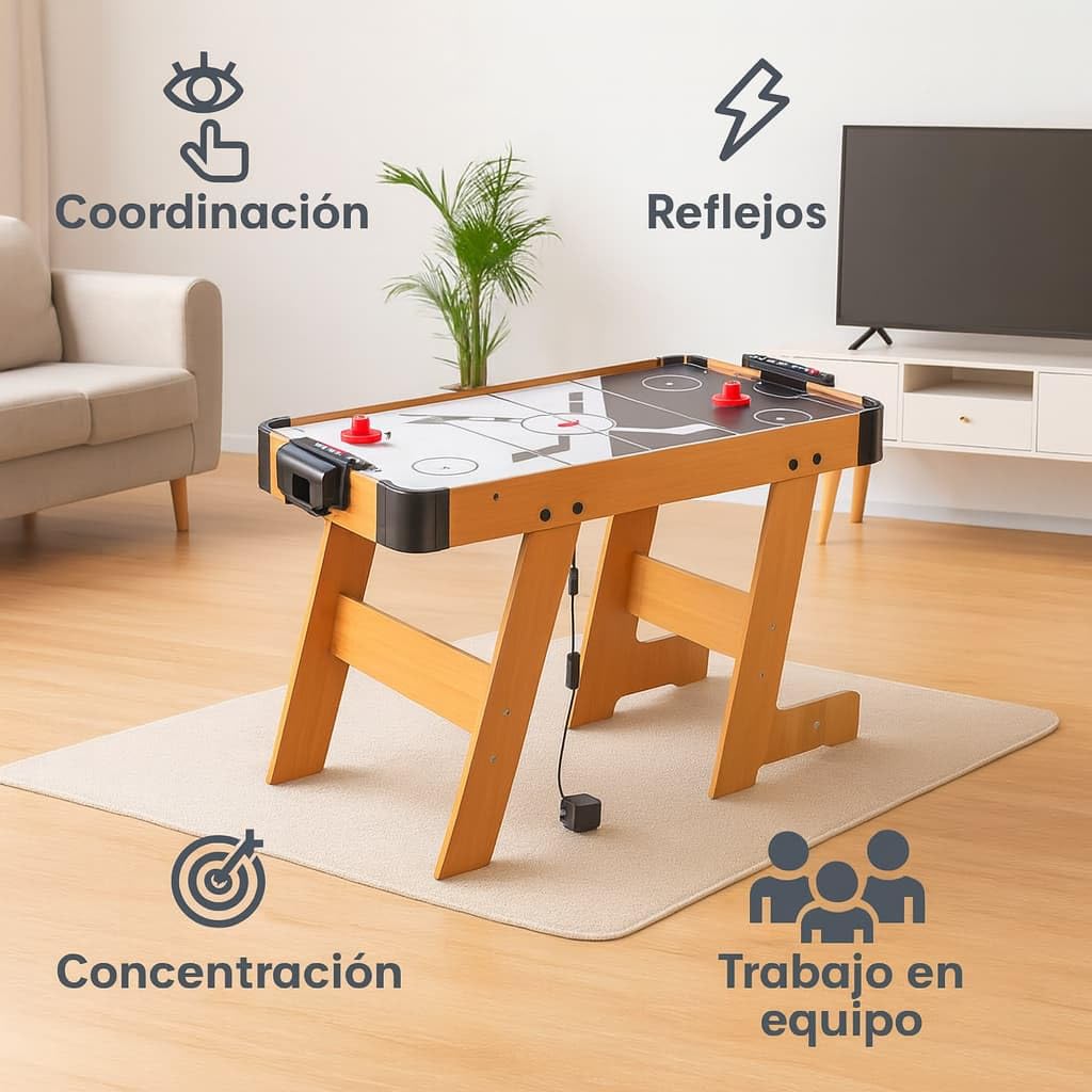 Juego de Air Hockey de Mesa Eléctrico - con Discos y 2 Marcadores Manuales - Juego Arcade para 2 Jugadores +3 años - Estructura Resistente de Madera - Mesa de Aire para Niños y Adultos
