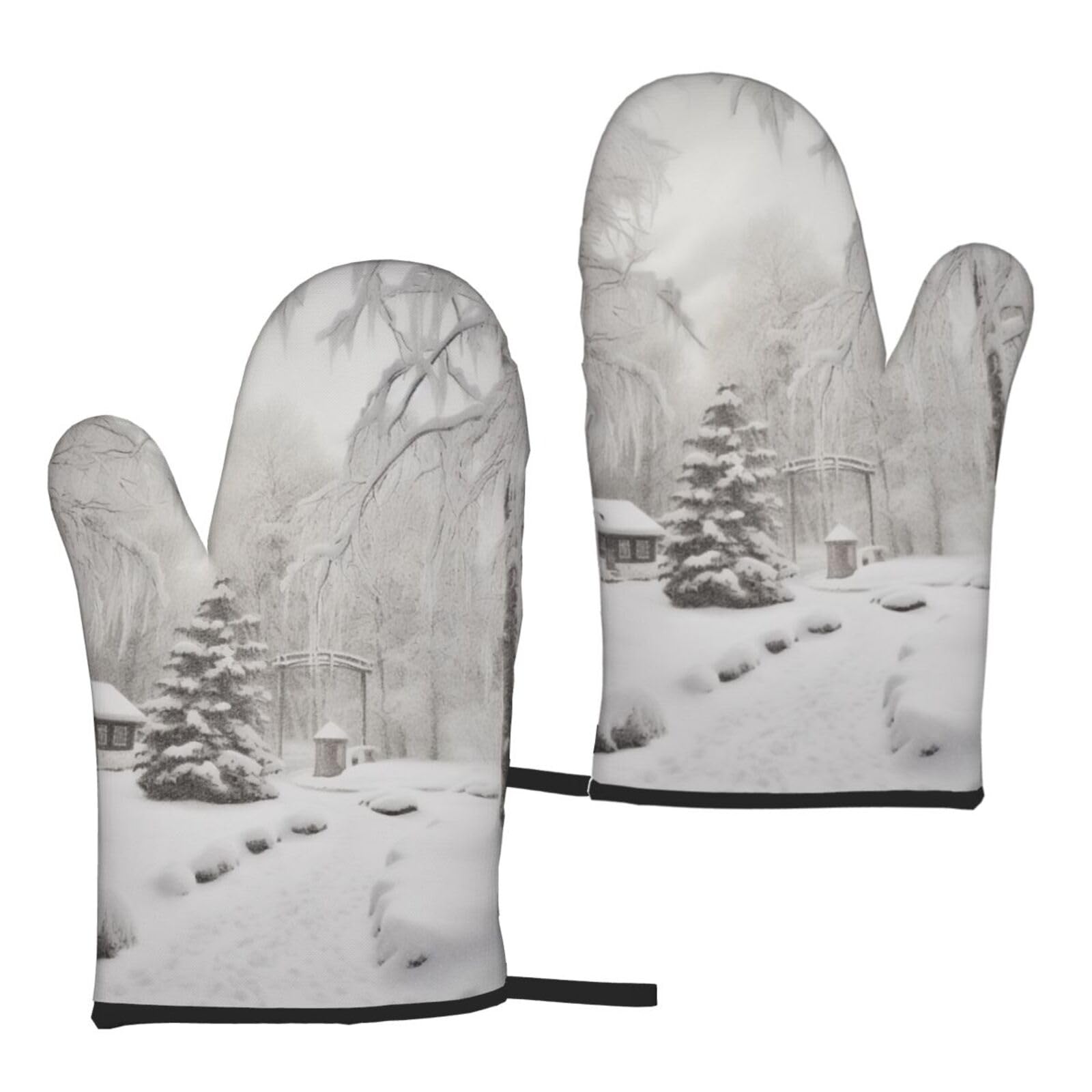 Winter on Snowy Printed Oven Mitts Sets 2 PCS Heat Resistant and Non-Slip Glove Potholder for Kitchen Cooking Baking Grilling