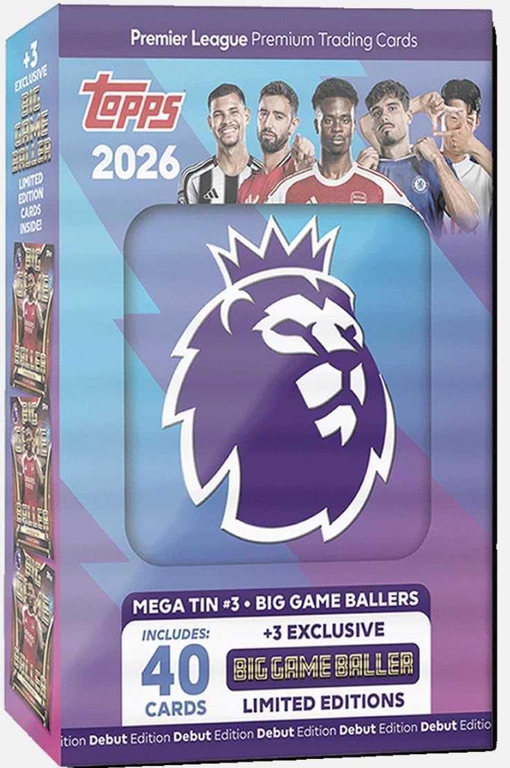 Premier League Topps 2026 New - One Random Mega Tin - 40 Cards Including 3 Exclusive LE 25/26 Soccer Cards + Hassential Sticker