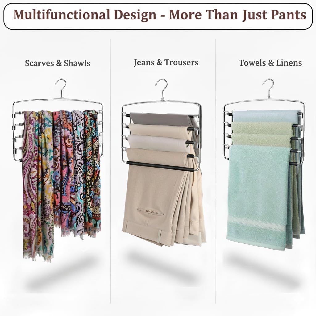 2-Pack Stainless Steel Pants Hangers, 5-Tier Space Saving Closet Organizer for Jeans, Trousers with Anti-Slip Swing Arms (2)