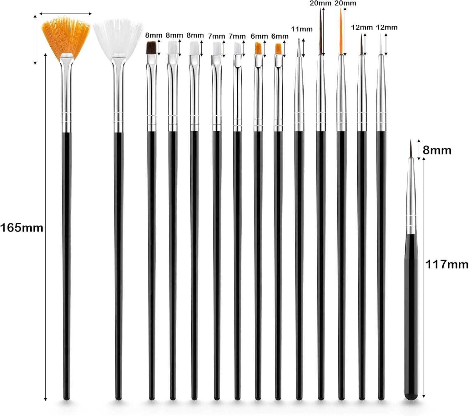 15 pennelli per nail art, pennello per unghie, gel con strumento per unghie, pennello gel UV, per costruzione, pennello in acrilico, pennello per nail art, per fai da te, disegni, colore: nero
