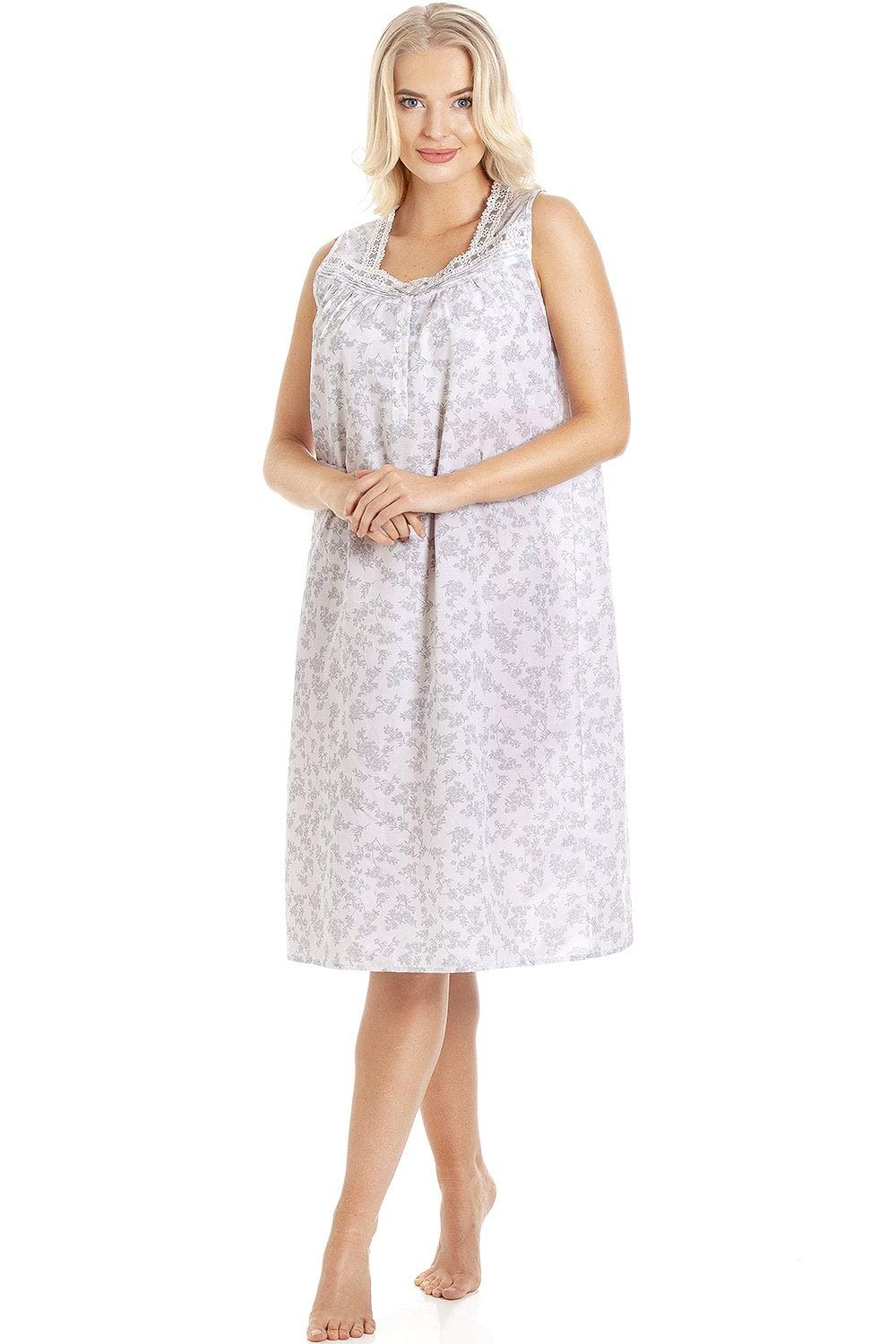 Camille Women's Classic Floral Print Sleeveless Nightdress in Grey | Size: 22-24
