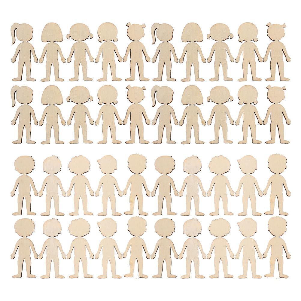SEWACC 100pcs Unfinished Wooden Girl and Boy Cutouts for DIY Crafts, Unfinished People Shaped Wooden Slices Ornaments for Home, School, and Educational Art Projects