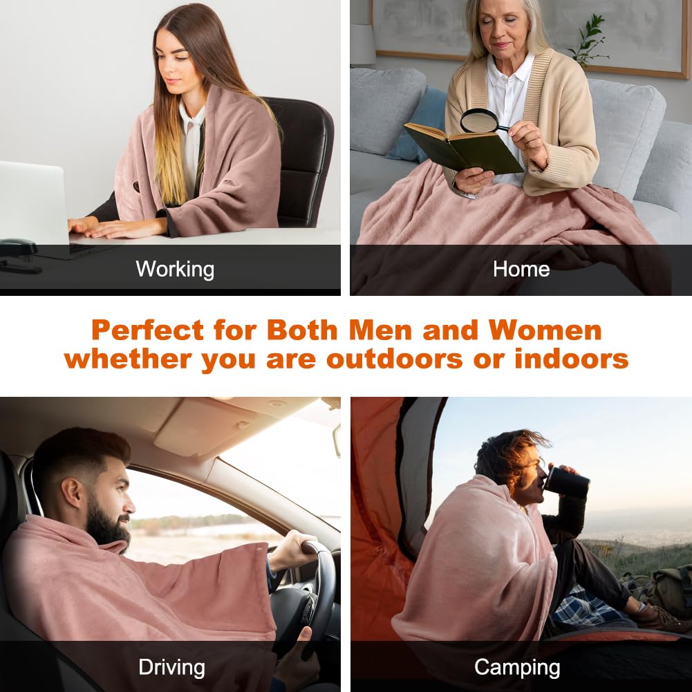 Coperta Riscaldante Elettrica Senza Fili 160x90 cm, con Batteria 10000 mAh, 6 Zone di Riscaldamento, 3 Livelli di Temperatura, Plaid Termico USB per Casa, Ufficio, Auto, Campeggio(Rosa)